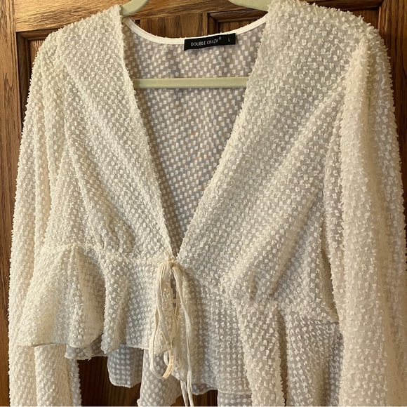 NWOT SHEIN Double Crazy Cream & Gold Glitter Knit Self-Tie Peplum Top Size L - Picture 4 of 11